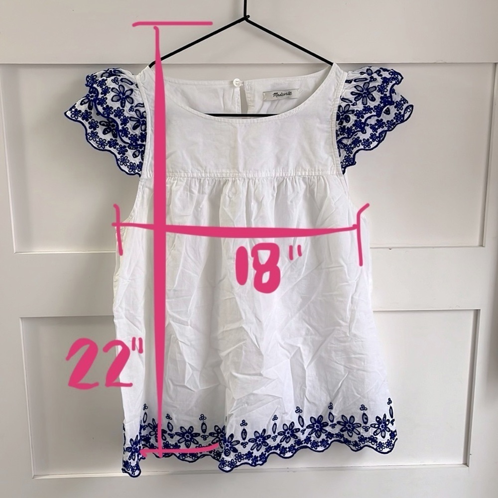 MADEWELL | EUC Story Top White with Blue Floral Embroidery Ruffle Cap Sleeve - Picture 9 of 11